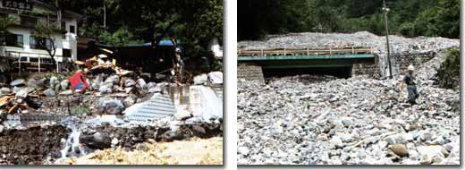 (左）土石流により被災した温泉施設（右）今薙（支川）からの土砂流出