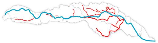 綾瀬川流域。　真ん中の青い線が綾瀬川本川、赤い線が支川です。