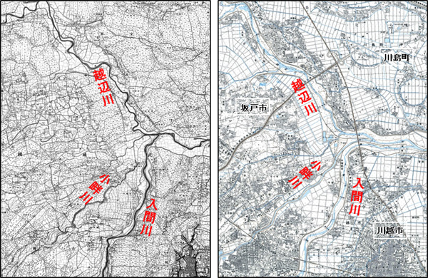 左）明治14年測量の地方迅速図　右）平成20年作成の地形図　（国土地理院提供）