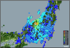 長野県北部地震の震度分布図（出典：日本気象協会）