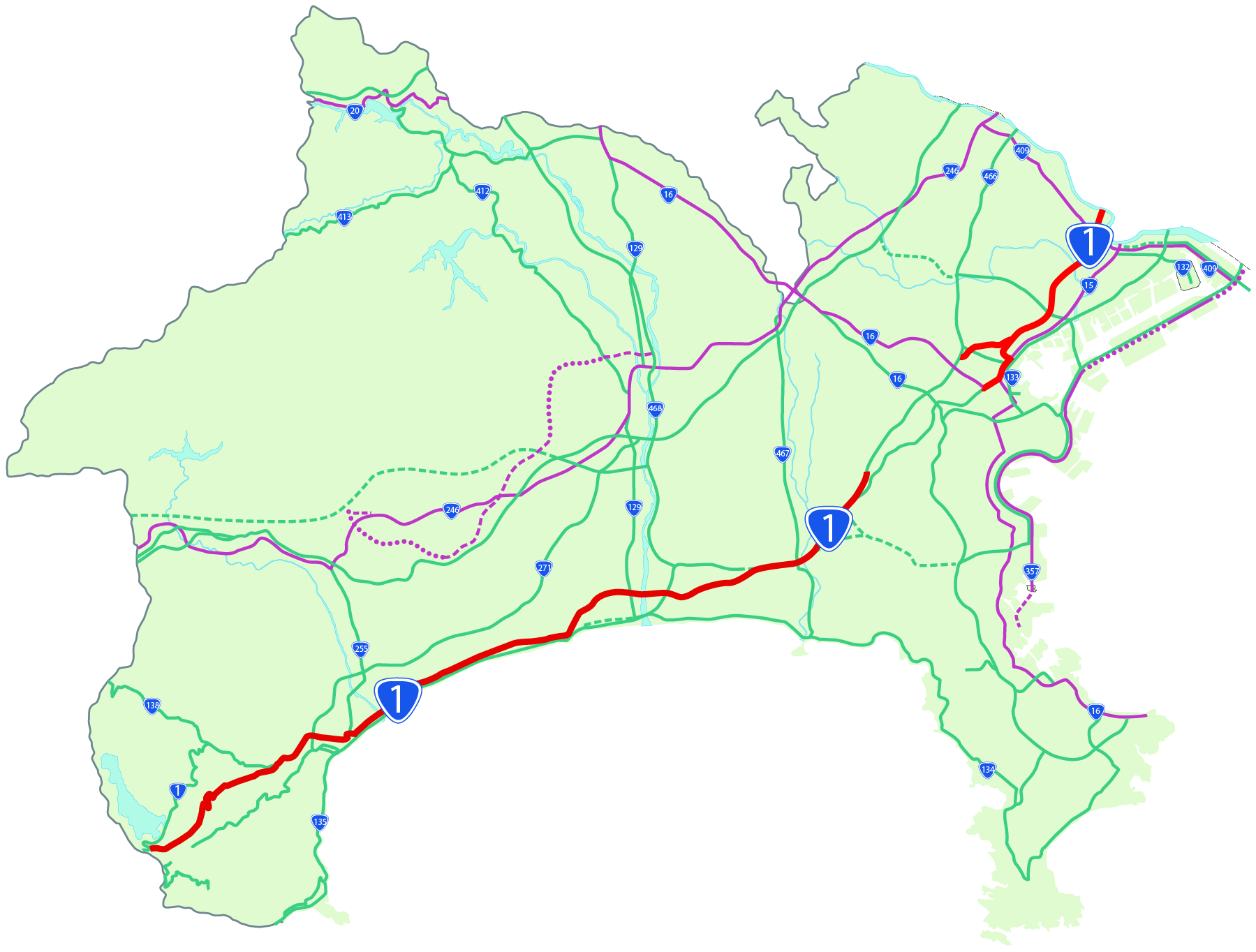 一般国道1号 神奈川県内位置図
