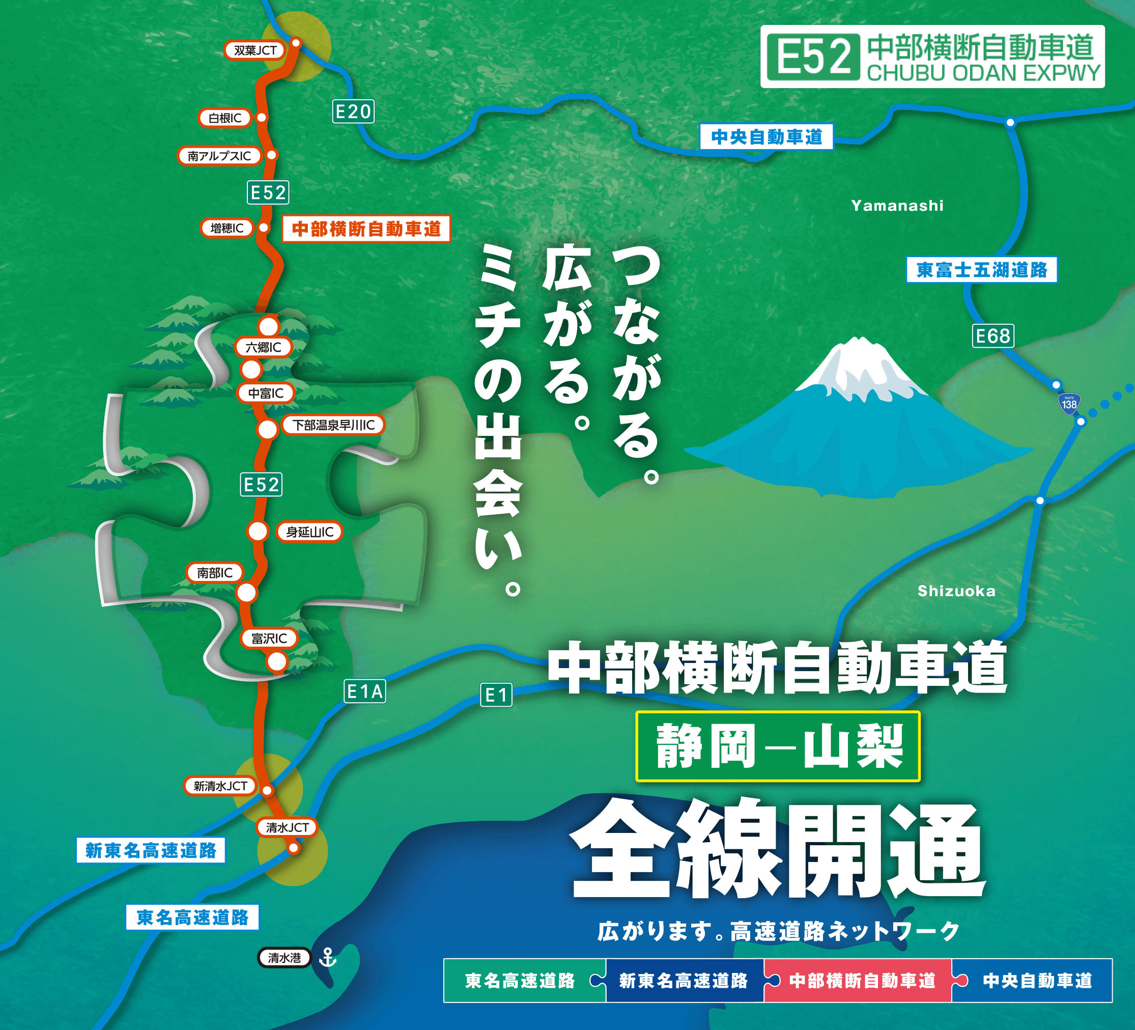 つながる。広がる。ミチの出会い。中部横断自動車道「静岡ー山梨」前線開通　広がります。高速道路ネットワーク