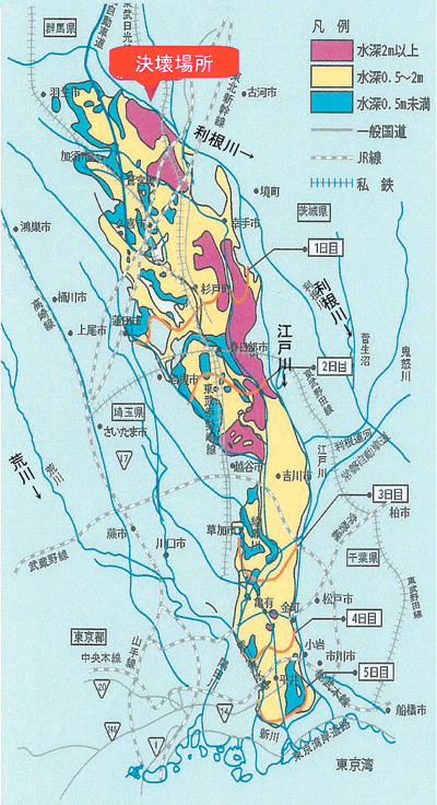 堤防決潰による浸水図