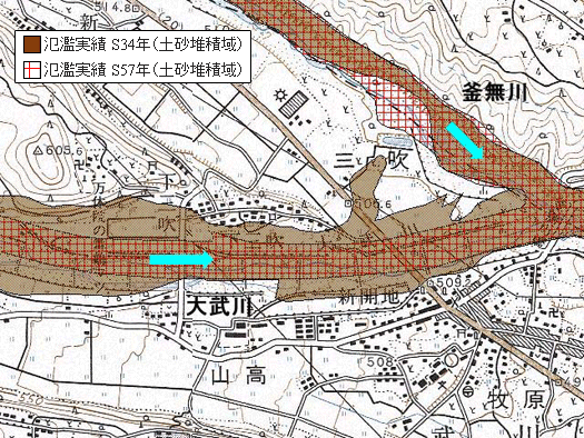 昭和34年と昭和57年災害氾濫実績図（釜無川・大武川合流点付近）