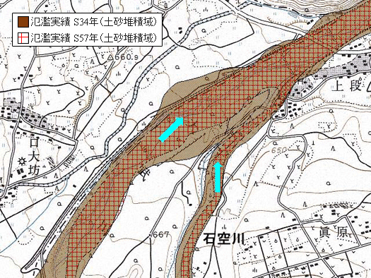 昭和34年と昭和57年災害氾濫実績図（大武川・石空川合流点付近）