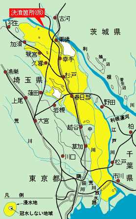 利根川東村（現在大利根町）堤防決壊による浸水区域図