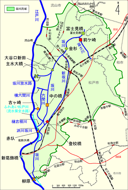 水質測定地点（上のグラフの点と同じ形・色の場所がその水質を測った場所です）