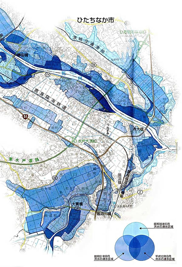浸水実績図　那珂川・ひたちなか市