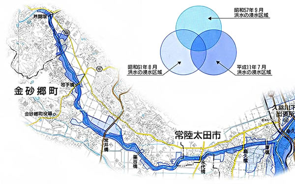 浸水実績図　久慈川・金砂郷町