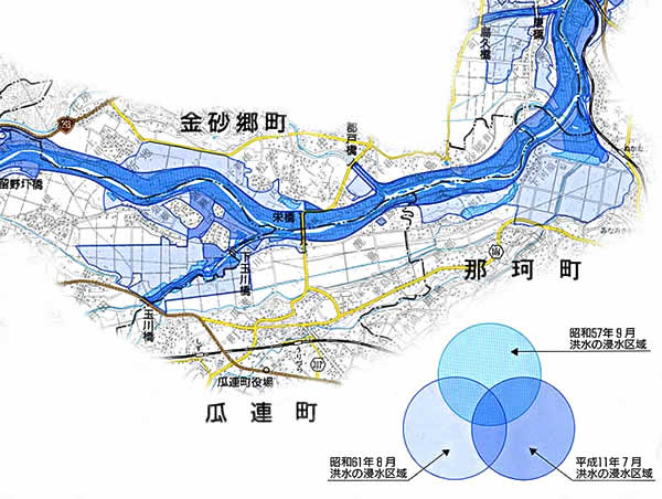 浸水実績図　久慈川・金砂郷町～那珂町