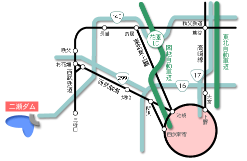 二瀬ダムまでの地図