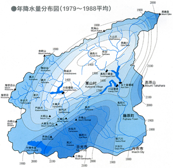 年降水量分布図（1979から1988平均） 