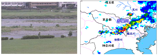 水位上昇の様子（石原第二観測所CCTV）と当日の雨量レーダー図