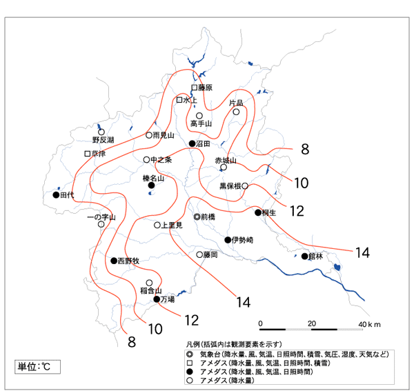 年間平均気温分布図（平年値：1979～2000年）