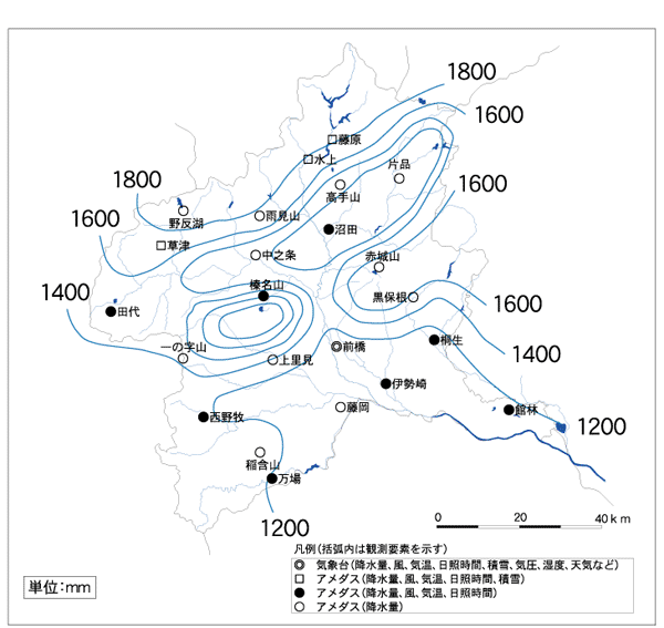 年間総降水量分布図（平年値：1979～2000年）