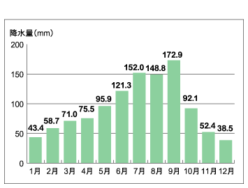 片品　月別平均降水量（1979～2000年）