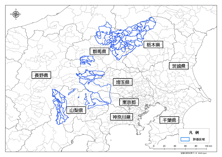 渓流レベル評価区域図（都県記載）