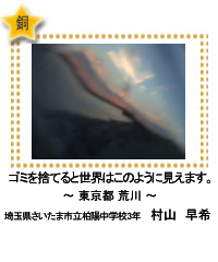 銅賞　ゴミを捨てると世界はこのように見えます。　―東京都 荒川―　埼玉県さいたま市立柏陽中学校3年　村山　早希