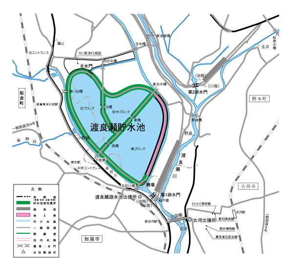 渡良瀬貯水池ダム流域および管理施設位置図
