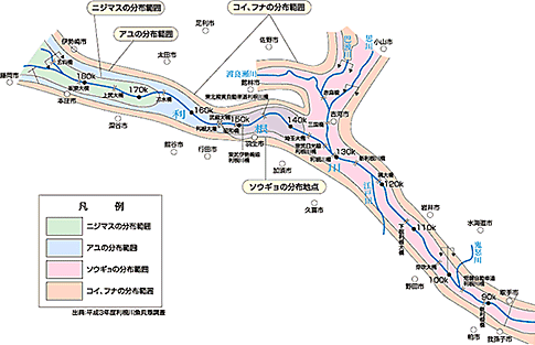 ニジマス・アユ・ソウギョ・コイ・フナの分布範囲