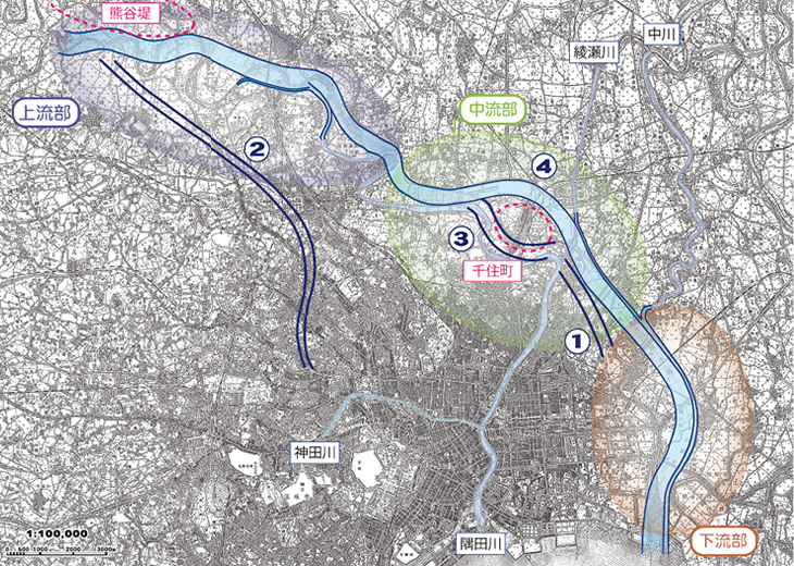計画案に基づいた放水路ルート( 資料：「地図でみる東京の変遷（日本地図センター）」より作成)