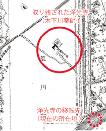 移転期間中の木下川薬師(資料：「国土地理院：1/10,000地形図」に一部加筆)