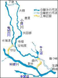 鬼怒川・小貝川の分離の地図