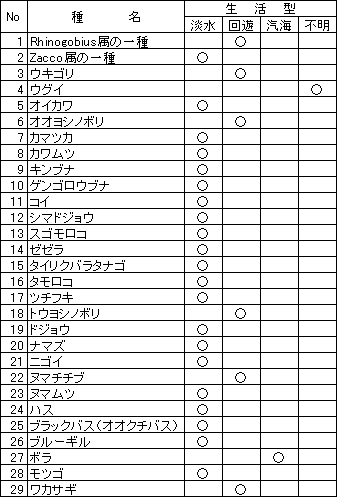 魚の種類の表