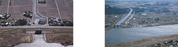 十日川排水機場（写真左）と新川水門と根木名川排水機場（写真右）