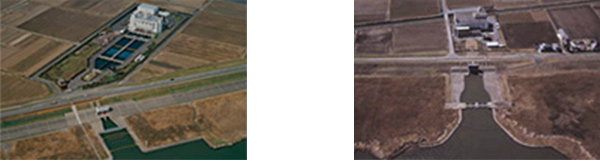 霞ヶ浦導水第三機場（写真左）と一之分目排水機場（写真右）