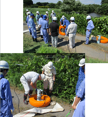 排水ポンプ、ホース、フロート（浮き輪）を接続します。排水が必要な河川等に設置します。