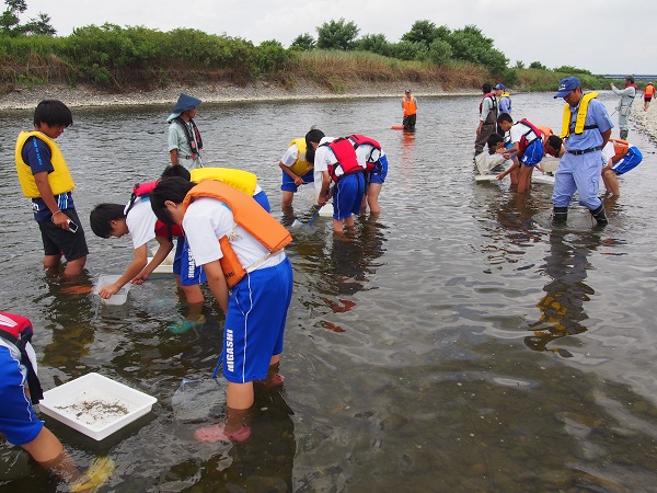 熊谷東中学校が水生生物の採取を行いました【荒川での様子】