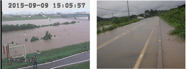 都幾川の野本水位観測所（東松山市下押垂）の出水状況及び東松山市葛袋付近の県道が冠水した状況です。