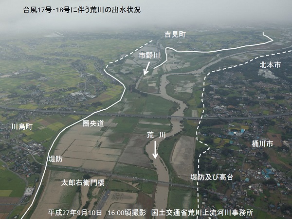 荒川の圏央道（川島町～桶川市）付近の出水状況です。