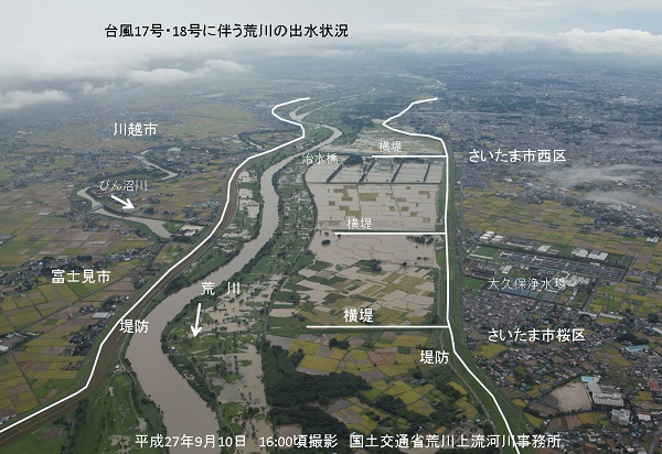 荒川の羽倉橋上流（富士見市～さいたま市）付近の出水状況です。