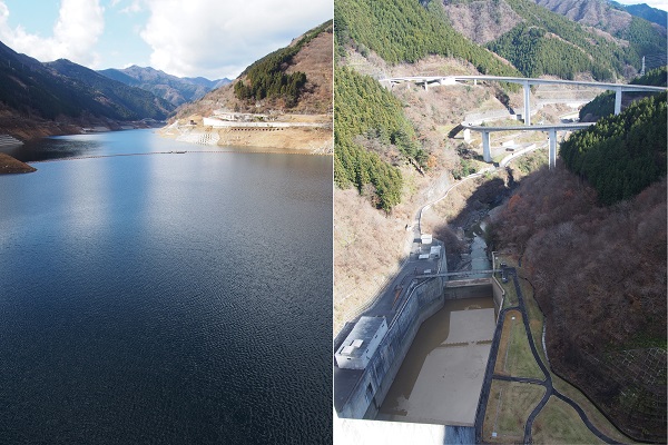 ダム湖の「秩父もみじ湖」とダム直下にあるループ橋「雷電廿六木橋」です。