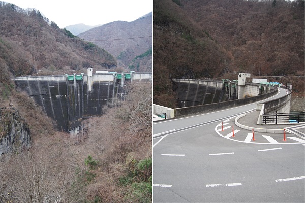 二瀬ダムの天端は県道298号線であり三峰神社に続いています。