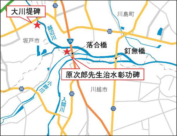 入間川、越辺川、小畔川合流付近の地図