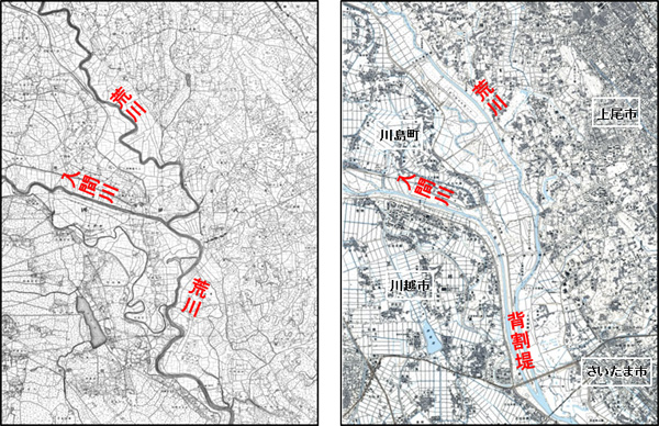 左）明治14年測量の地方迅速図　右）平成20年作成の地形図　（国土地理院提供）