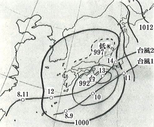 明治43年8月14日天気図（気象災害の辞典より）