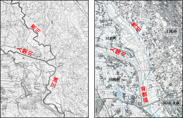 左）明治14年作成の地方迅速図　右）平成20年作成の地形図　（国土地理院提供）