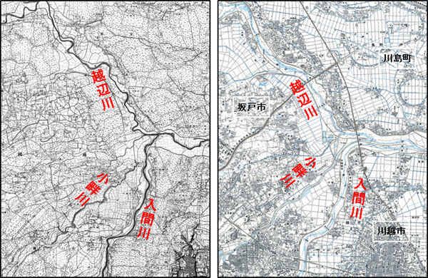左）明治39年作成の地方迅速図　右）平成20年作成の地形図　（国土地理院提供）