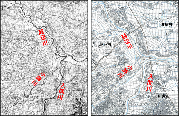 左）明治39年作成の地方迅速図　右）平成20年作成の地形図　（国土地理院提供）