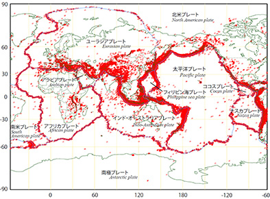 世界の主なプレートと地震の分布図