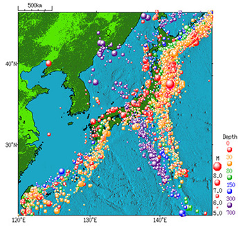 1960年から2011年にかけての日本付近で発生した地震の分布図
