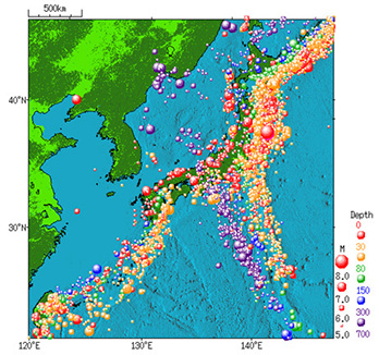 1960年から2011年にかけての日本付近で発生した地震の分布図