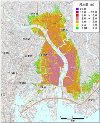 堤防、水門等が機能しない場合のゼロメートル地帯の浸水想定域(TP+0.93メートル　満潮位時)