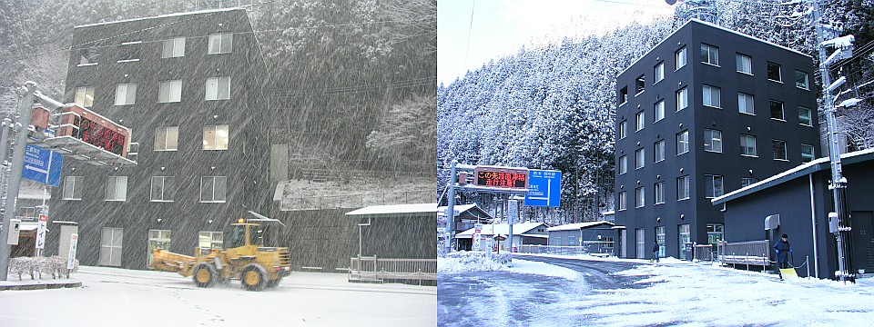 管理所周辺の状況（左1/22夕方、右1/23朝）