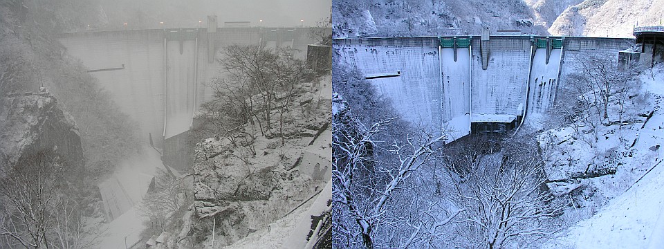 ダム本体の状況（左1/22夕方、右1/23朝）