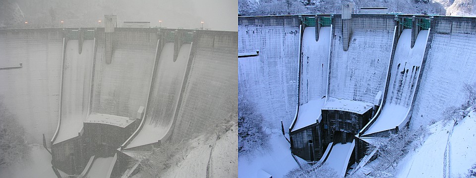 ダム本体の状況（左1/22夕方、右1/23朝）